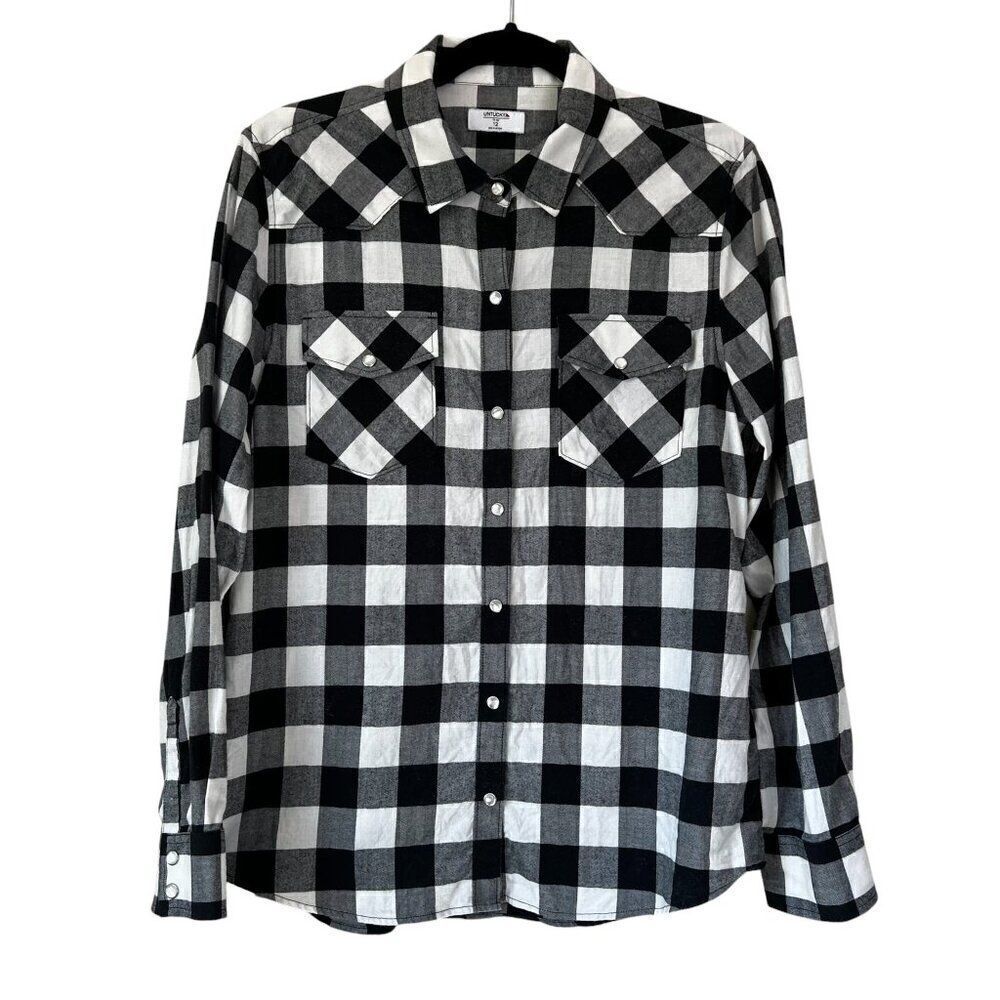 UNTUCKit For Her Long Sleeve Black White Buffalo Check Snap Shirt Size 12